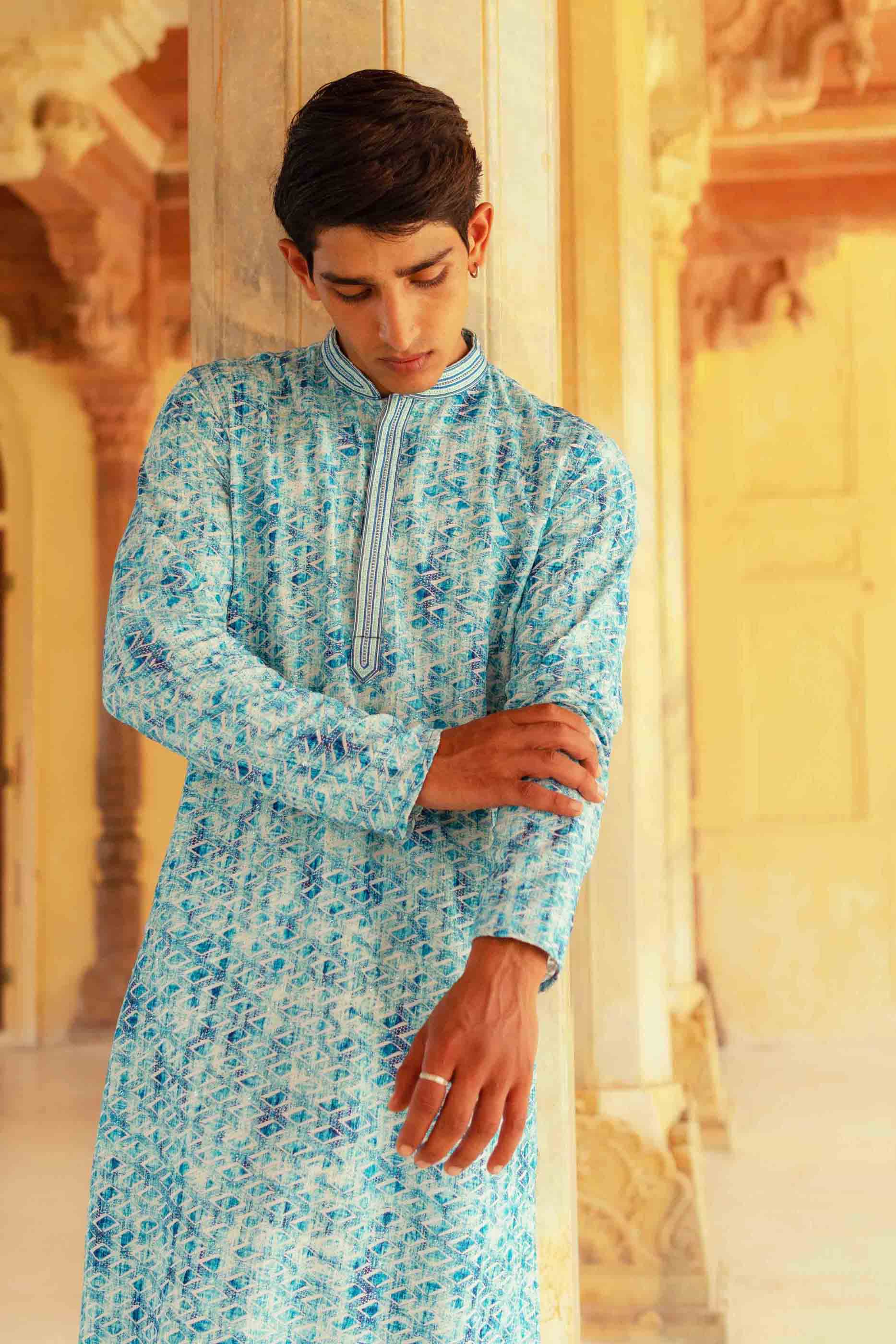 Blue Chikanakri Printed Kurta with Handwork Collar